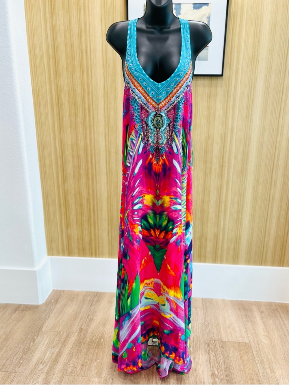 Camilla Color Weaving Maxi Dress with Teal Trim
